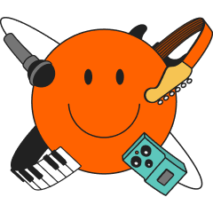 Music gear circulating around a smiley face