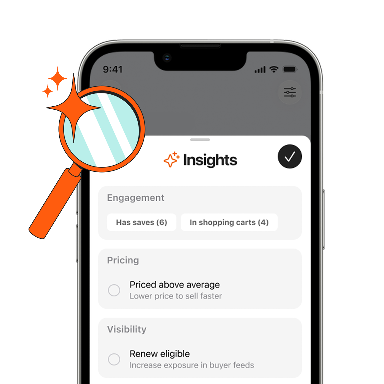 The insights panel in the Reverb app showing engagement, pricing, and visibility for a listing