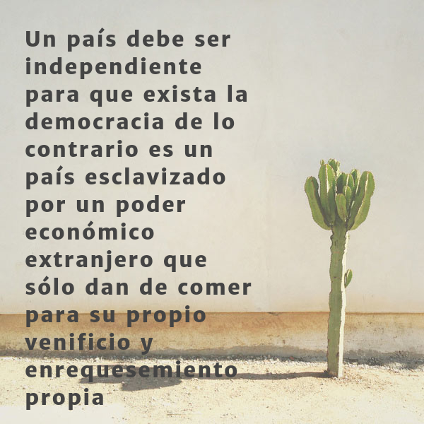 Crea Tu Frase – Frase #240014: Un país debe ser independiente para que  exista la democracia de lo contrario es un país esclavizado por un poder  económico extranjero que sólo dan de