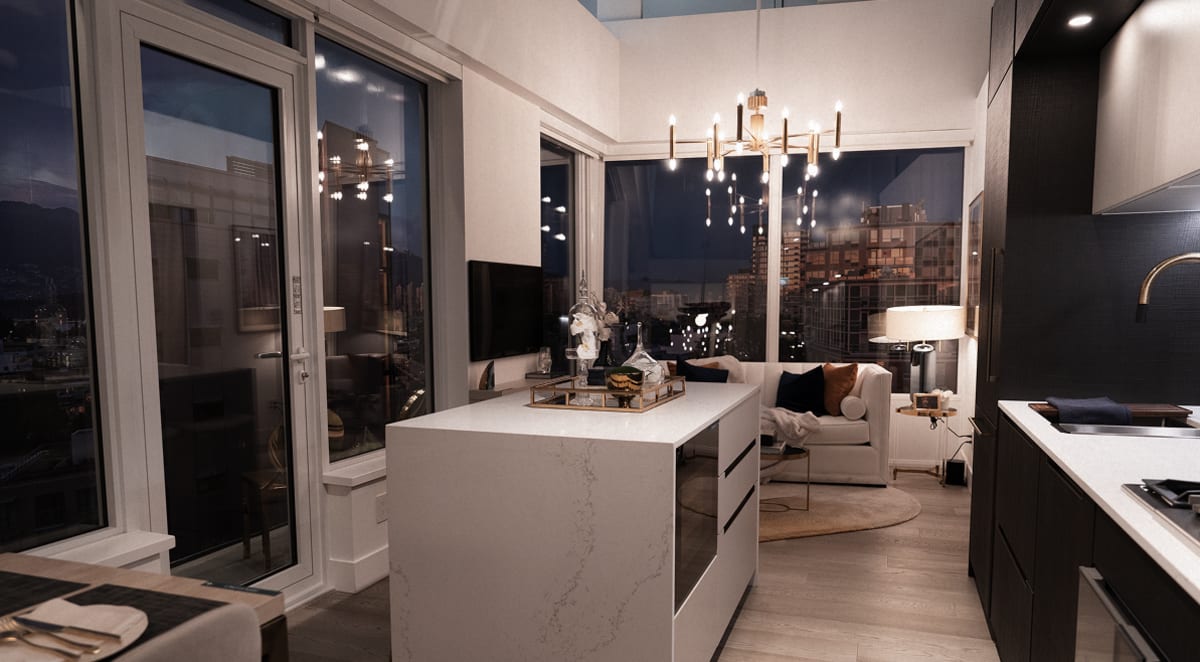 Image showing the interior of a model unit of Italia by Solterra showing the kitchen island and counters.