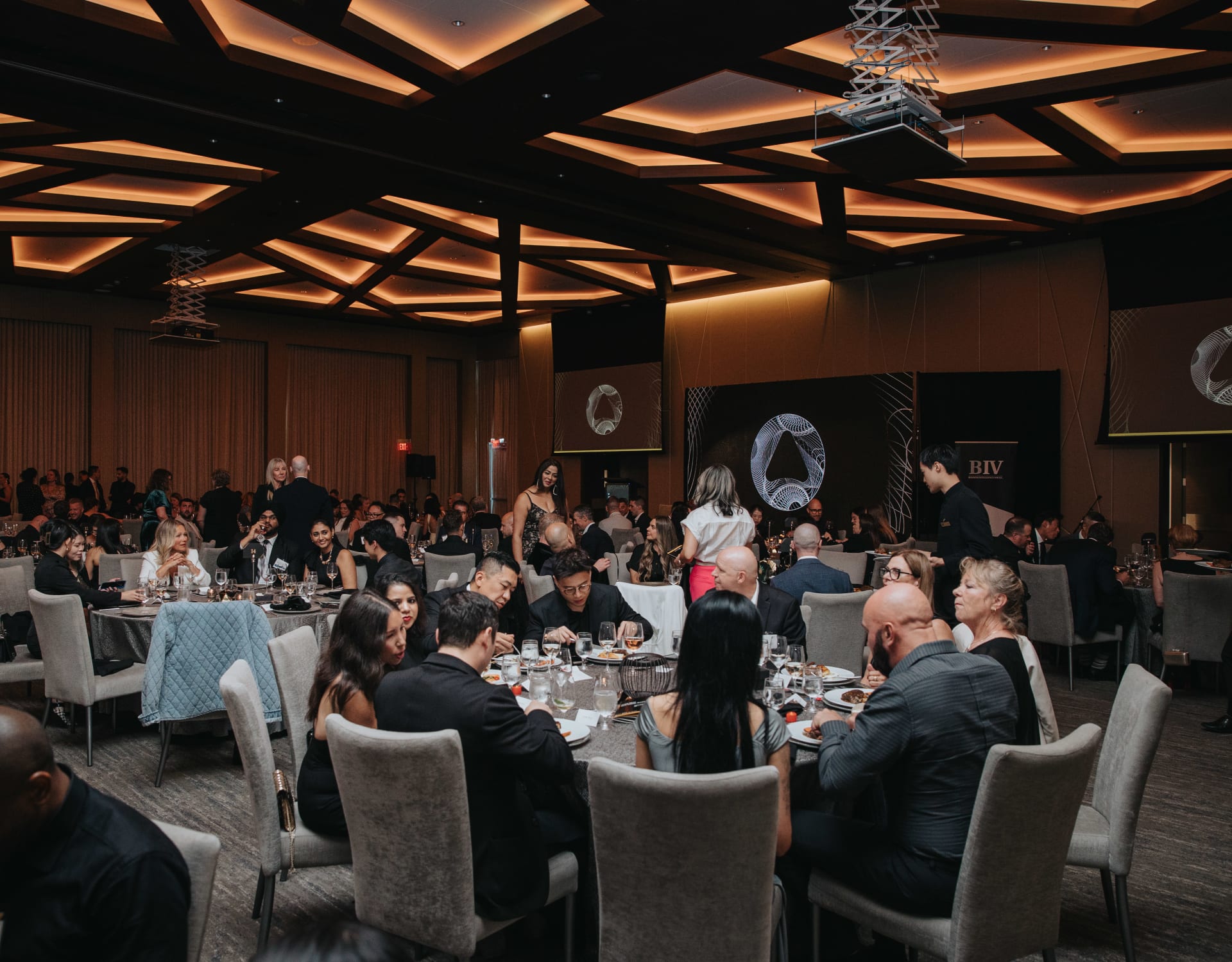 Guests enjoyed a sit-down dinner during the awards gala event, with wine served at the table.