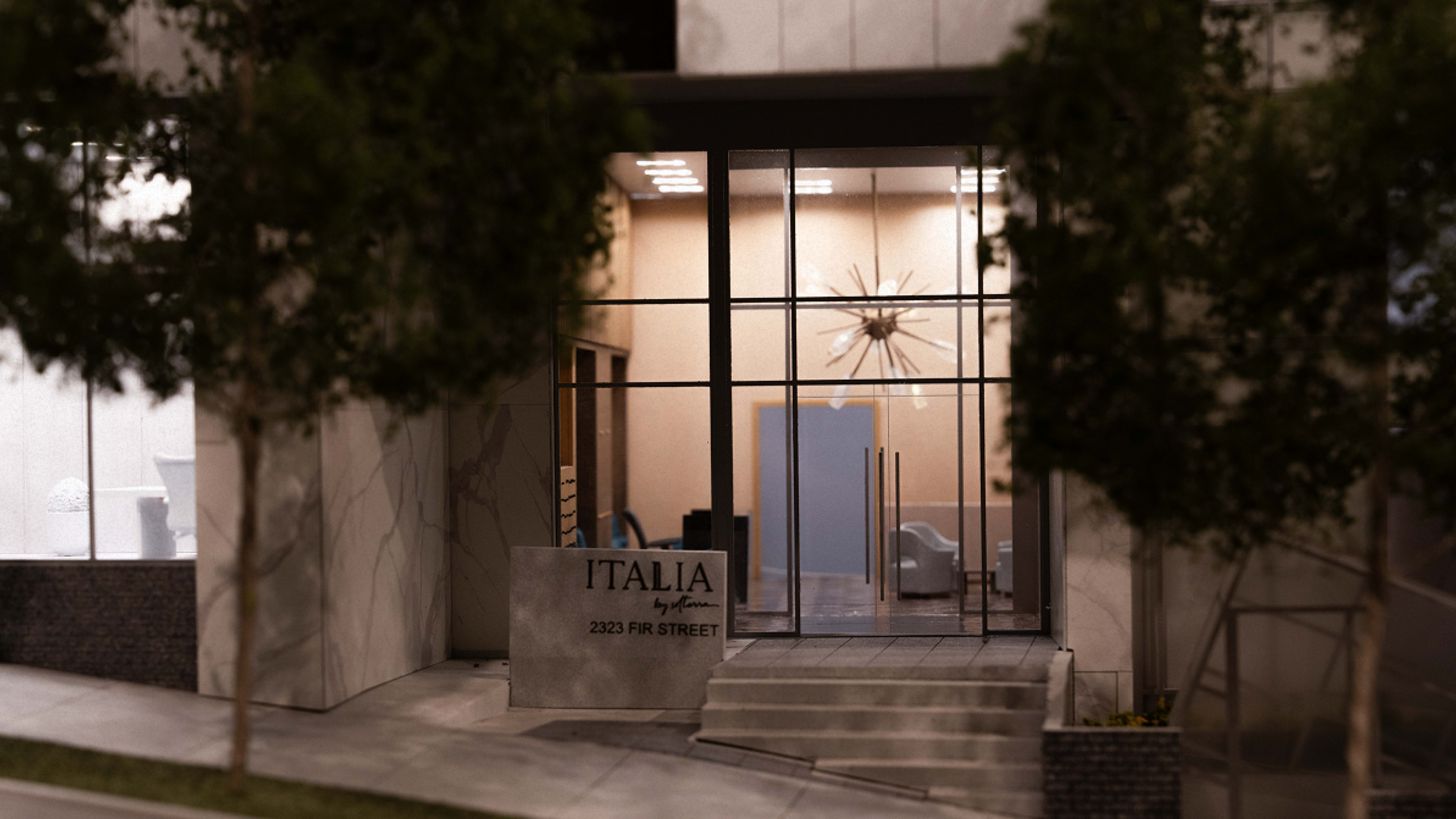 Close-up of a model of the front door of Italia by Solterra showing the lobby.