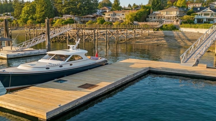 A sleek motor yacht is docked at a wooden pier in the foreground, with a picturesque waterfront community nestled among trees in the background.