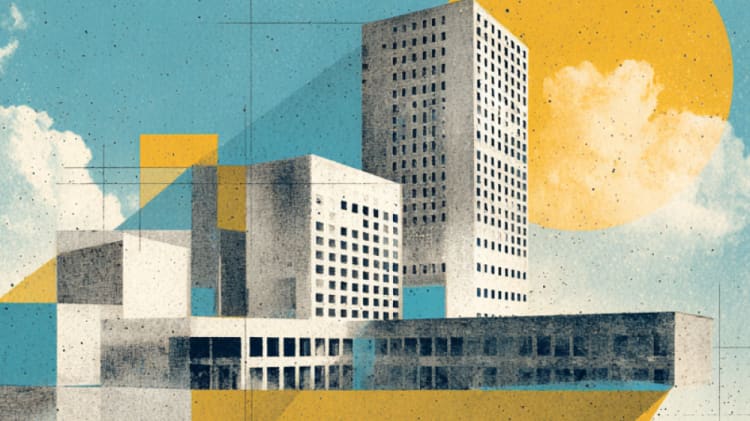 A modern cityscape with tall skyscrapers against a bright yellow sun and a blue sky, with geometric shapes and patterns in the foreground.