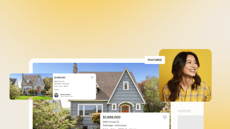 A smiling woman is featured next to a collage of real estate listings showcasing houses and a map, all set against a soft yellow gradient background.
