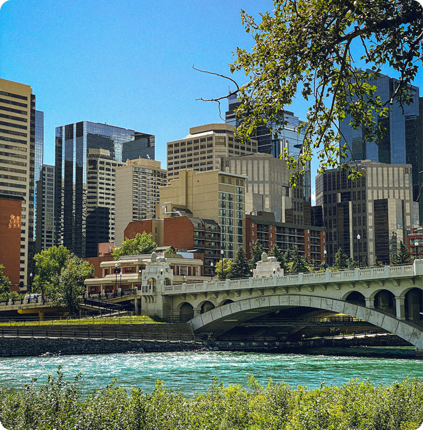 A cityscape of modern buildings.