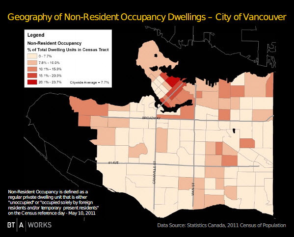 Andy Yan's map of non-resident occupancy throughout Vancouver BC