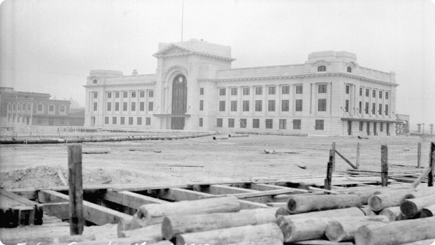 Pacific Central Station, initially called False Creek Station, seen here in 1918 as it neared completion