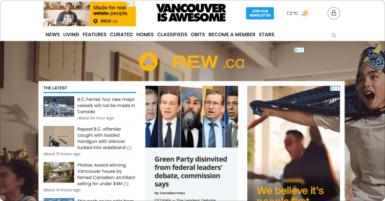 A screenshot of the Vancouver is Awesome homepage showing REW ad framing the page and within the content of the page.