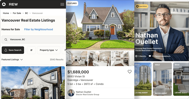 An example Marquee mobile listing showing that it is larger and has 3 additional featured photos, plus a larger image of the listing agent and other properties they have sold.