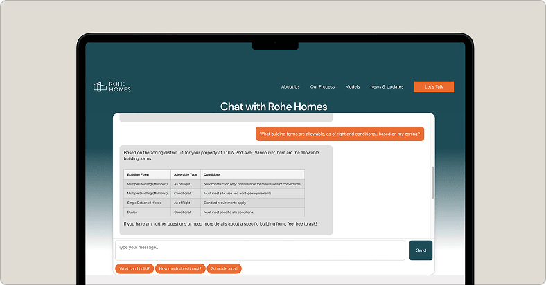 Screenshot of the What Can I Build? AI tool showing what can be built at 110 W 2nd Avenue in Vancouver, BC.
