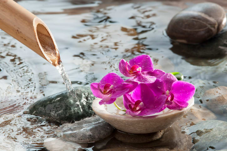 Chinese bamboo water feature in pond