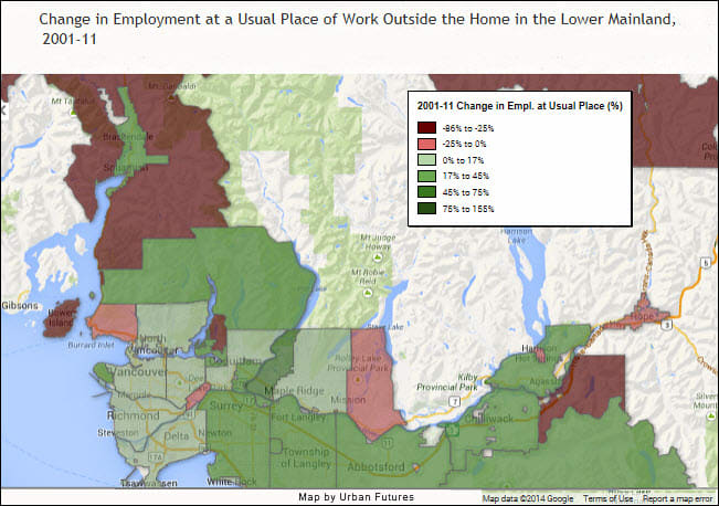 Map of employment growth in Lower Mainland by Urban Futures