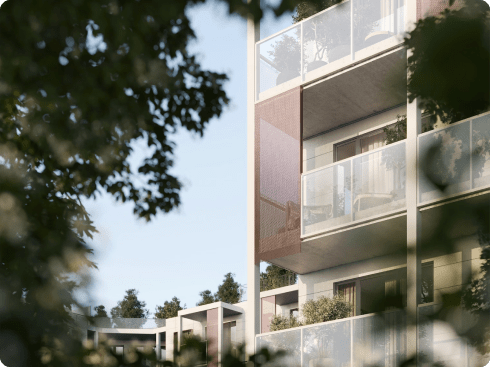 The image depicts a modern, multi-story residential building with glass facades, surrounded by lush greenery and trees in the foreground.
