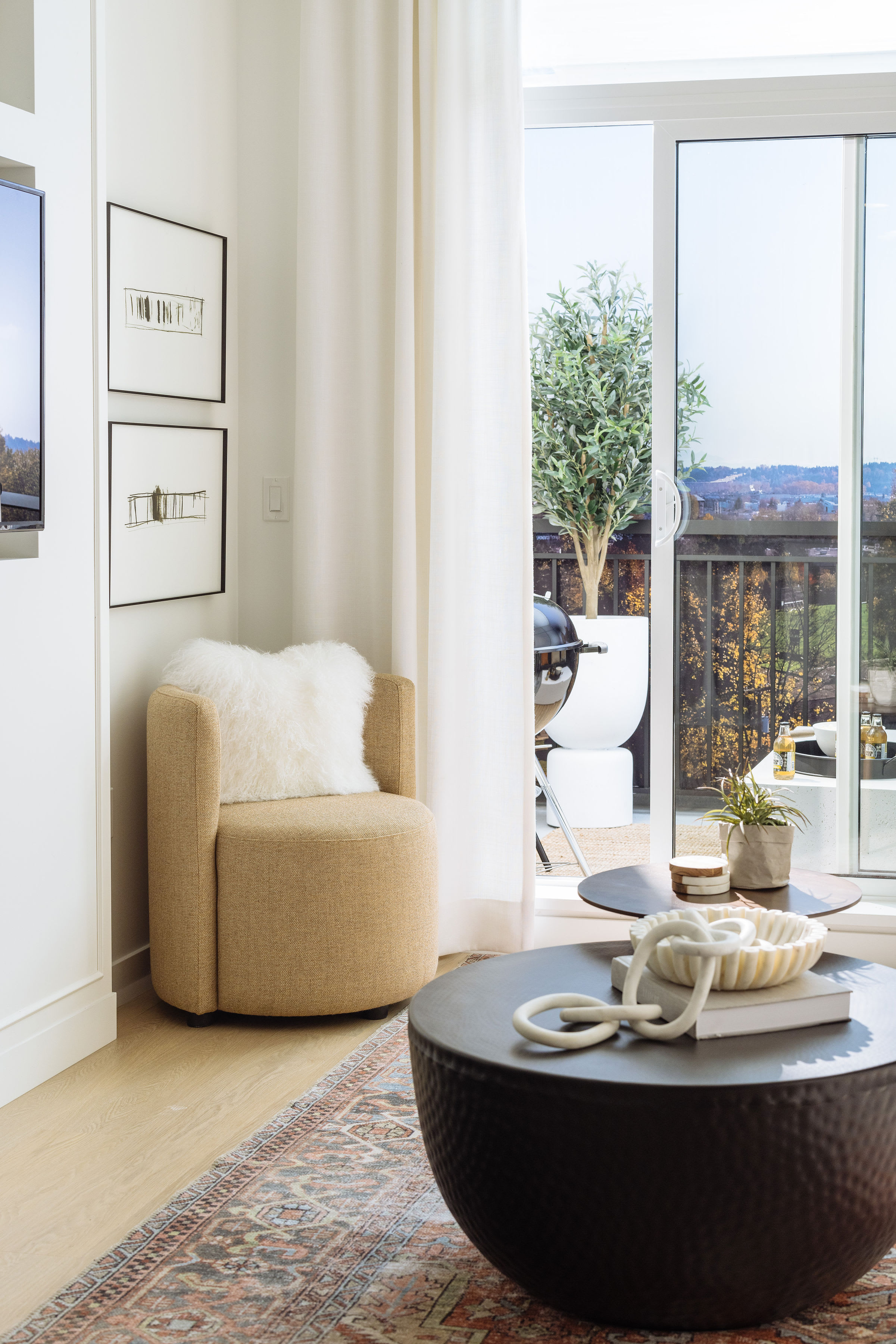 Bastille condo's balcony, and a portion of the living area.