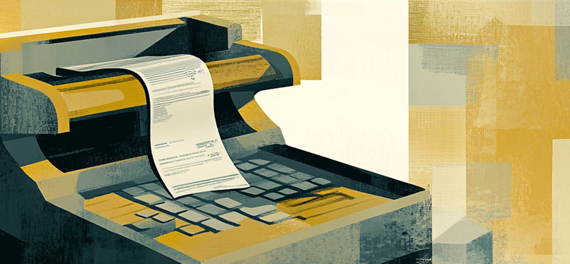 Illustration of a receipt sitting in a keyboard calculator.