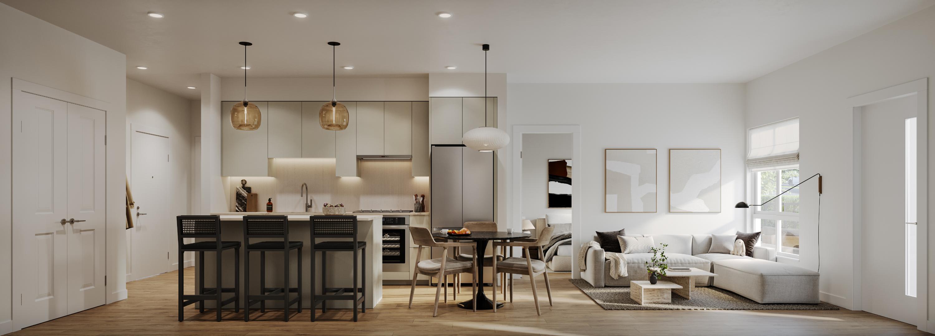Interior shot of neutral coloured kitchen.