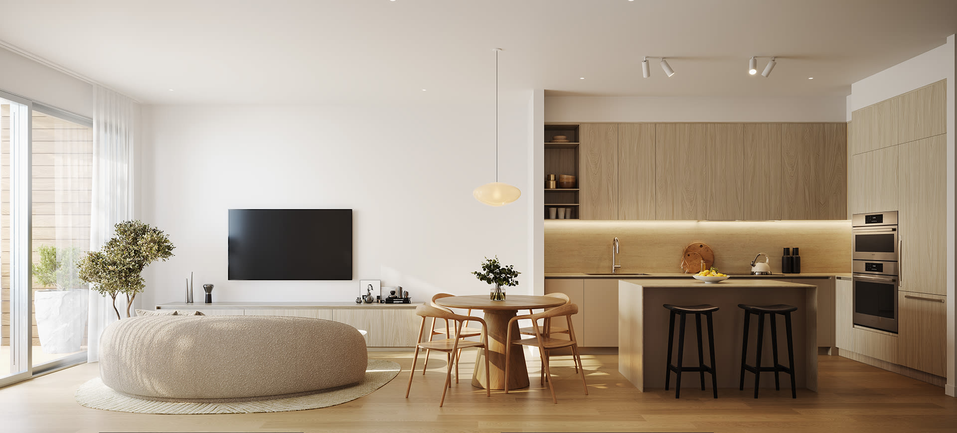 Interior shot of kitchen and dining room.