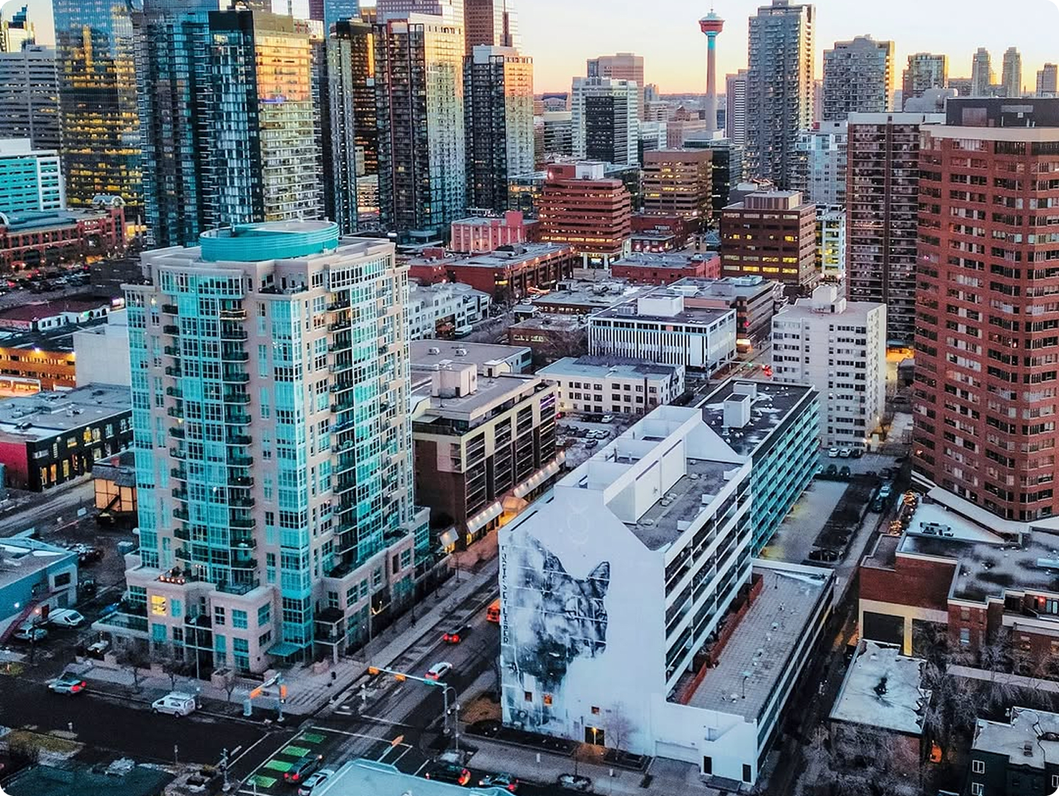 An aerial view of Calgary during winter.