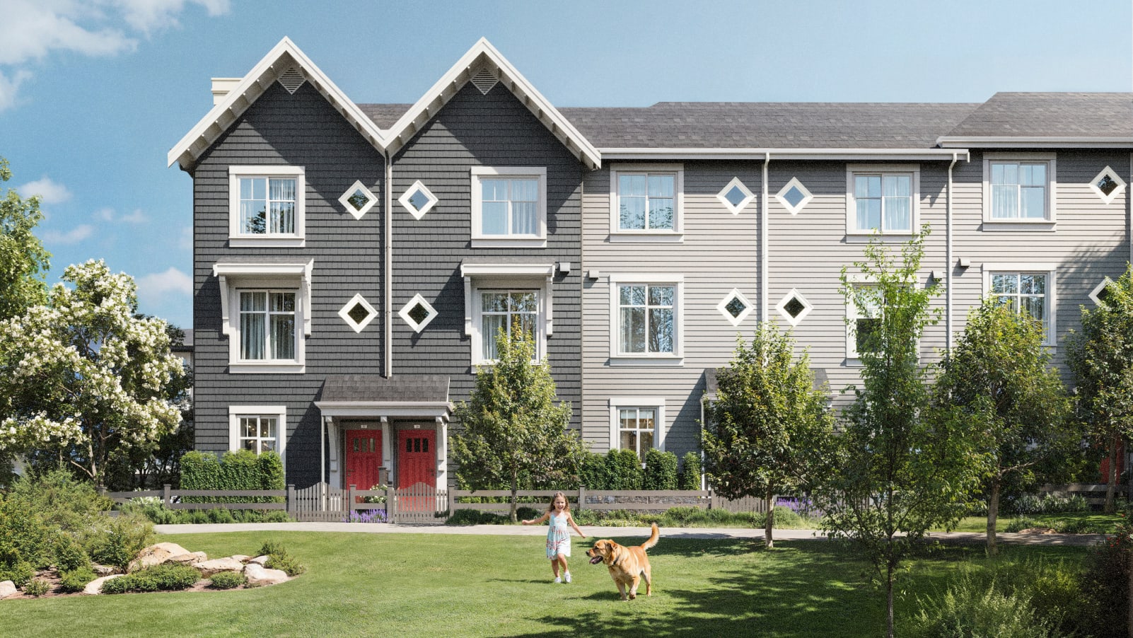 A row of modern townhouses.