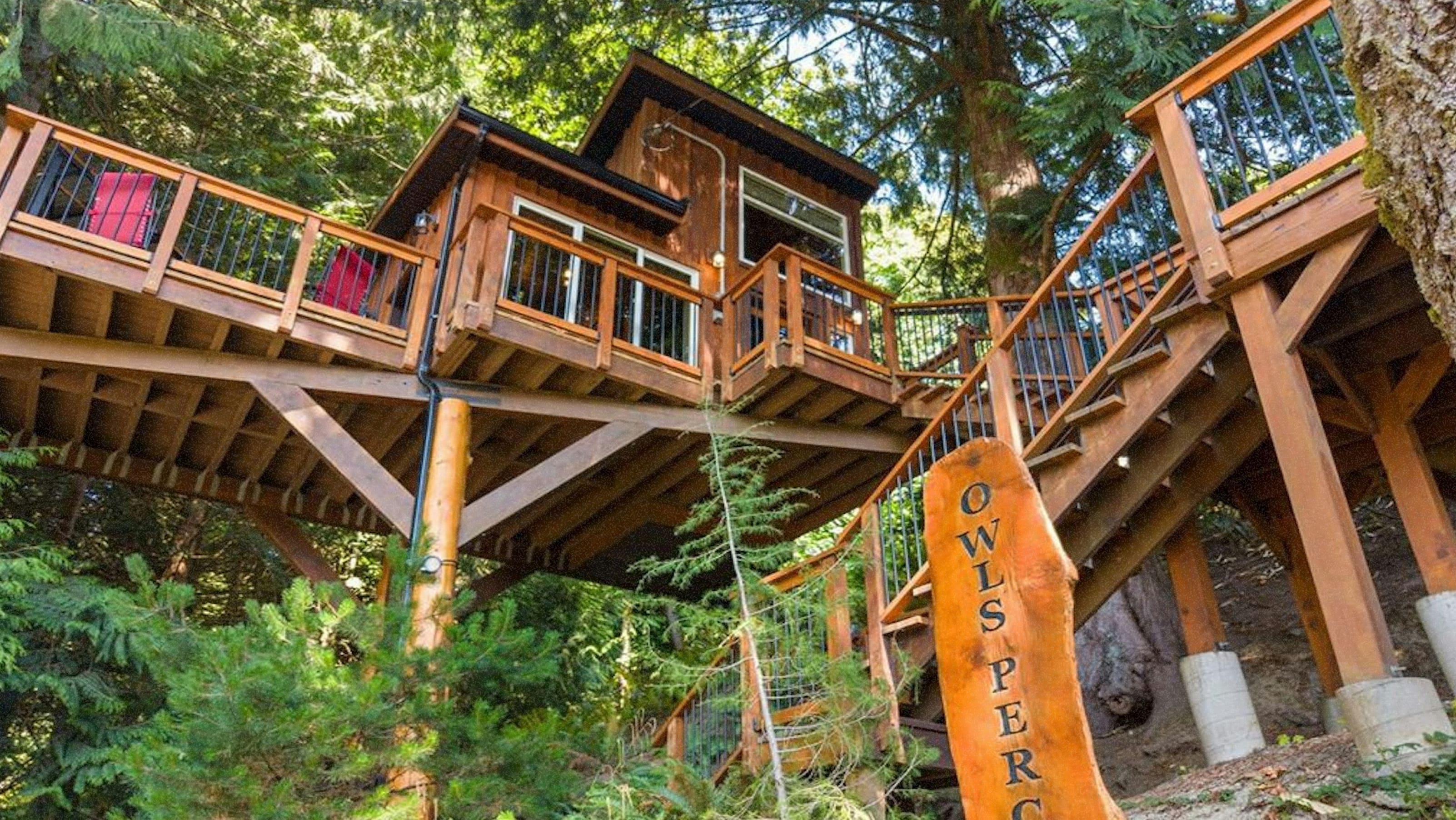 A custom-built treehouse included in a property in Sooke, BC.
