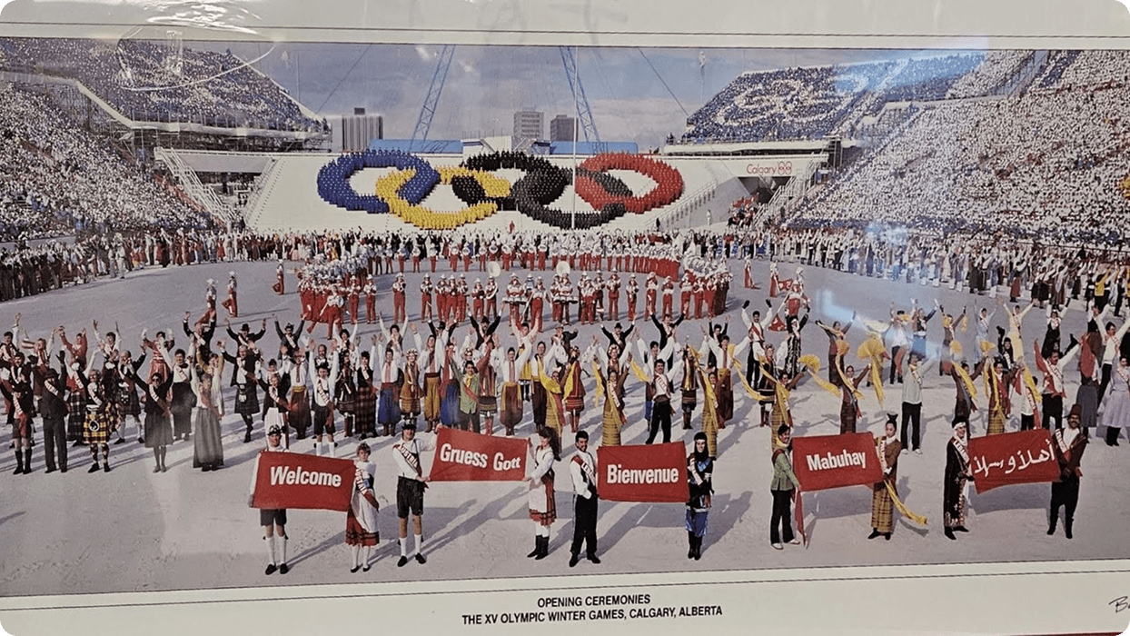 Poster showing the opening ceremony of the Winter Olympics in Calgary in 1988.