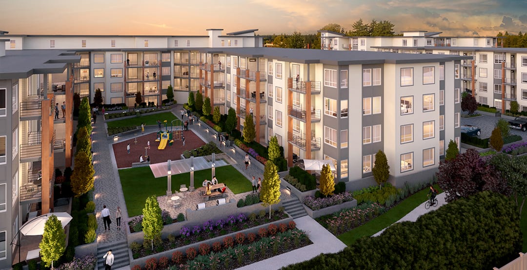 Hamilton Village West is an eye-catching five-storey building with 138 homes. Photo by Hamilton Village.