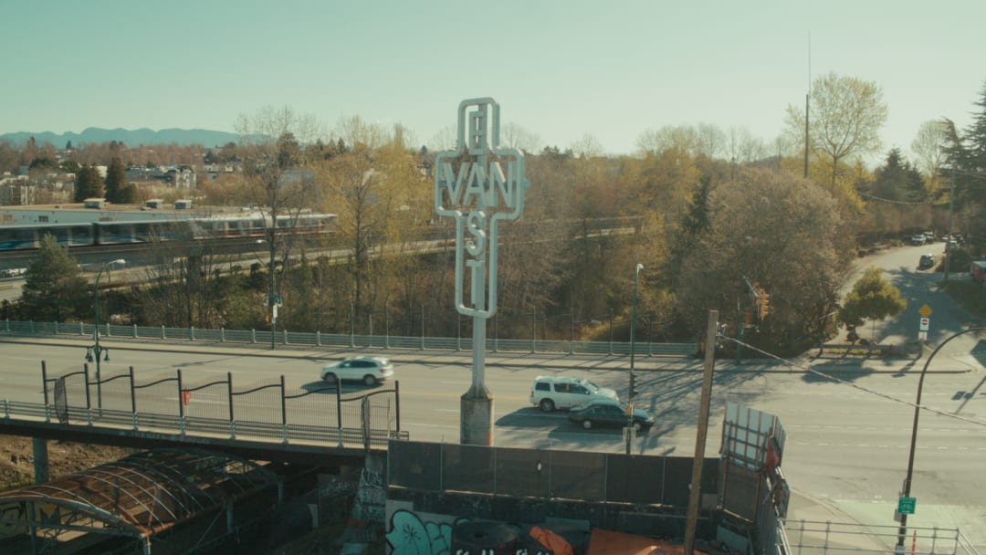 The East Van Cross marks the entrance to this neighbourhood.