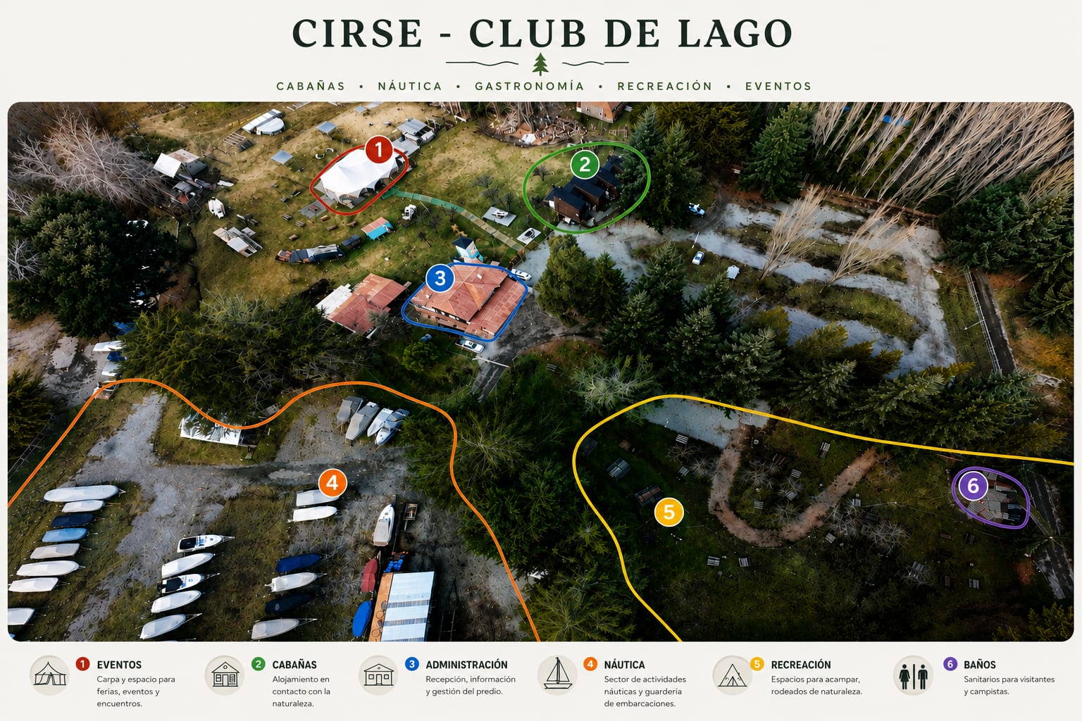Mapa del predio de Cirse Club de Lago con referencias de zonas