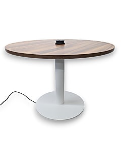 Wooden Meeting Table with White Metal Base and Integrated Power Unit