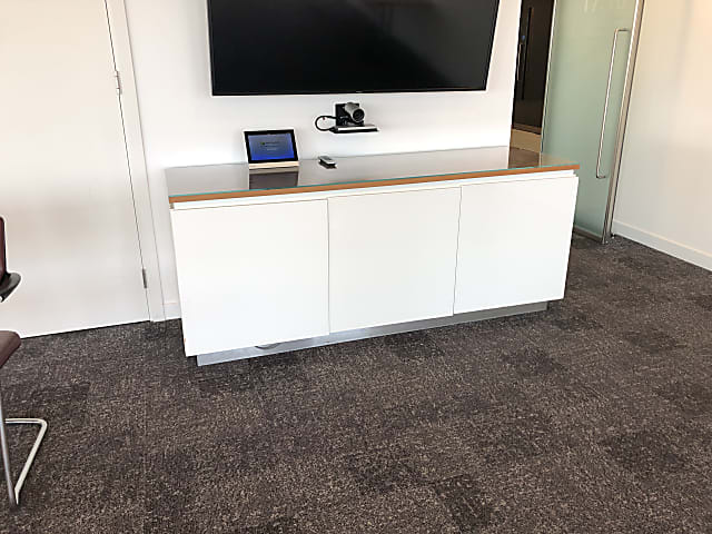 white credenza/cabinet with wooden top