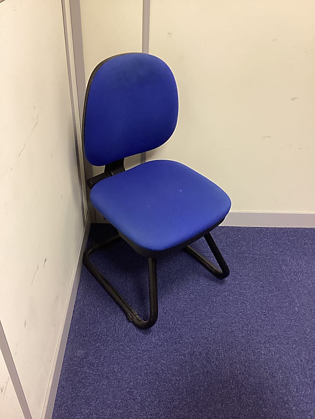 two blue and black rolling chairs