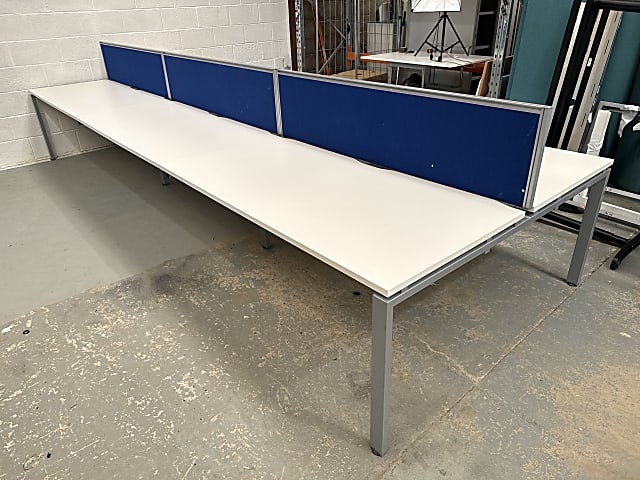 6 person White bench desk with blue screens