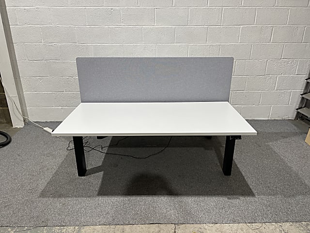 Herman Miller White Ratio Back to Back Height Adjustable Electric Desk Pair with screen