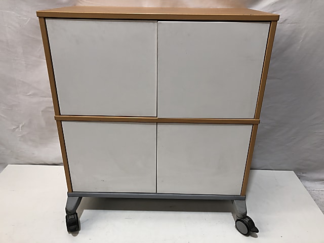 Cream and pine storage cabinet on wheels