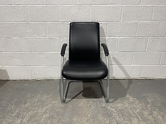 Black Leather Cantilever Meeting Chair with Silver frame