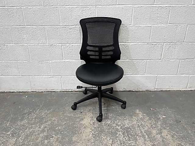 Black chair, faux leather seat without arms