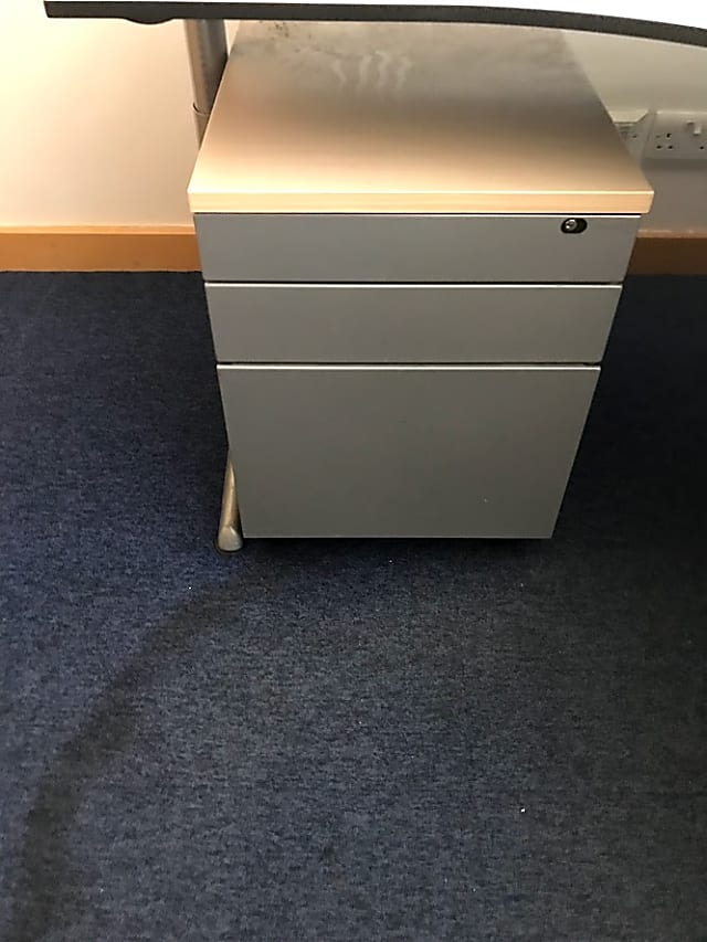 Three drawer metal pedestal with wooden top