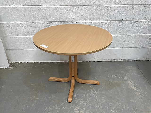 brown wooden round table with with cross wooden legs 900mm wide