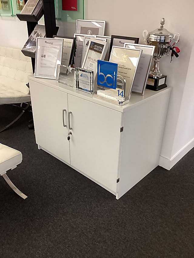 white wooden 2-drawer chest cabinet