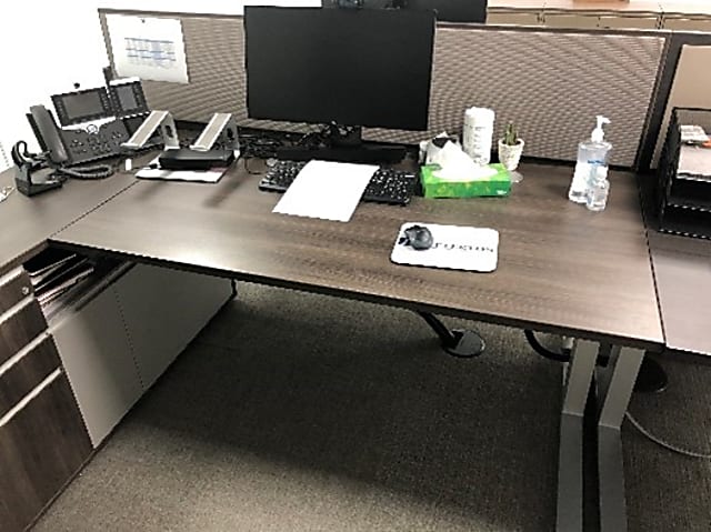 Medium brown office desk with grey legs