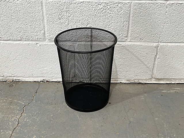 black wire mesh waste paper bin