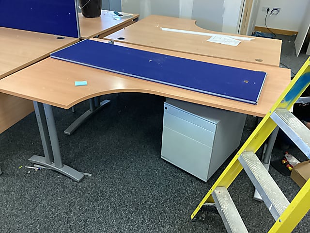 brown and blue wooden desk