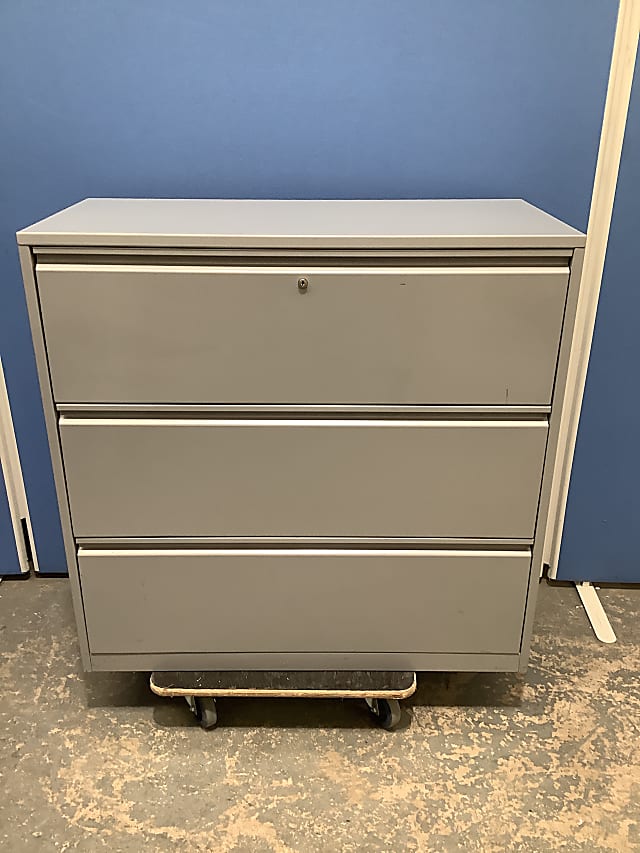 Grey metal storage cabinet