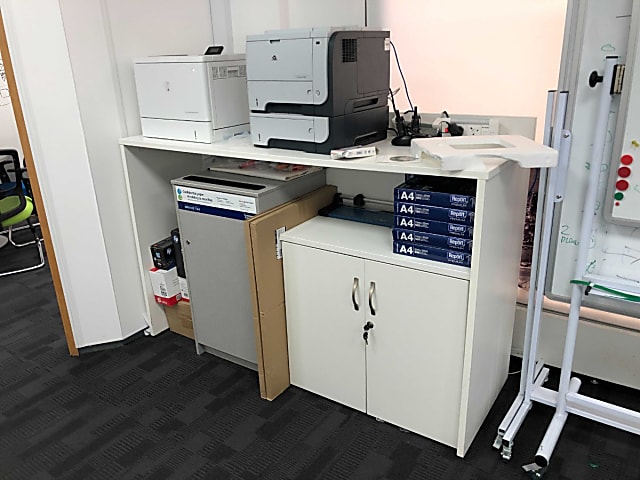 Wasted Print station counter with cabinet