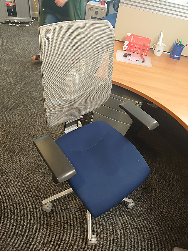 operator chair grey back navy blue seat
