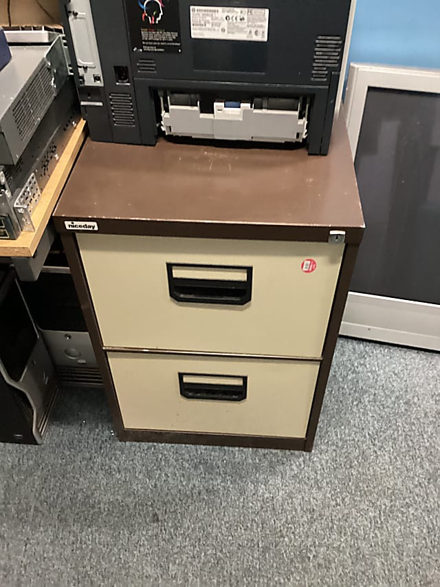 Brown metal 2 draw filing cabinet