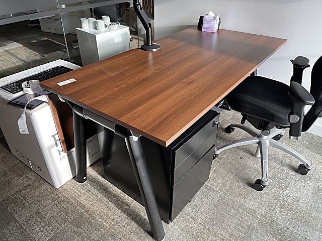 Senator Walnut brown wooden desk with black metal base