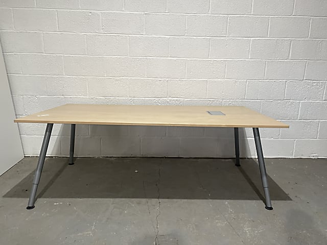 rectangular  wooden table with grey metal base