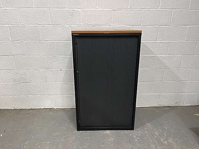 Dark grey tambour cabinet with wooden top